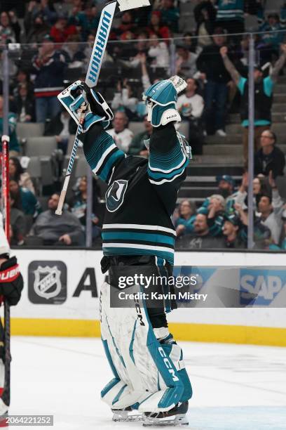Magnus Chrona of the San Jose Sharks celebrates his first NHL win against the Ottawa Senators at SAP Center on March 9, 2024 in San Jose, California.