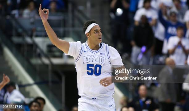 Aly Khalifa of the Brigham Young Cougars celebrates hitting a three pointer against the Oklahoma State Cowboy during the first half of their game at...