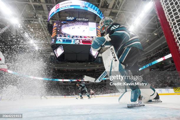 Magnus Chrona of the San Jose Sharks prepares to make a save in the third period against the Ottawa Senators at SAP Center on March 9, 2024 in San...