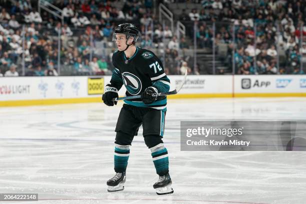 William Eklund of the San Jose Sharks skates after the puck in the third period against the Ottawa Senators at SAP Center on March 9, 2024 in San...