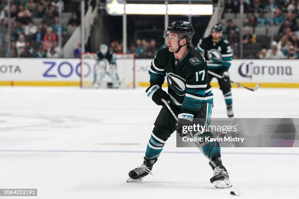 Thomas Bordeleau of the San Jose Sharks skates with the puck in the third period against the Ottawa Senators at SAP Center on March 9, 2024 in San...