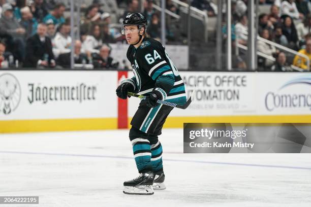 Mikael Granlund of the San Jose Sharks skates after the puck in the third period against the Ottawa Senators at SAP Center on March 9, 2024 in San...