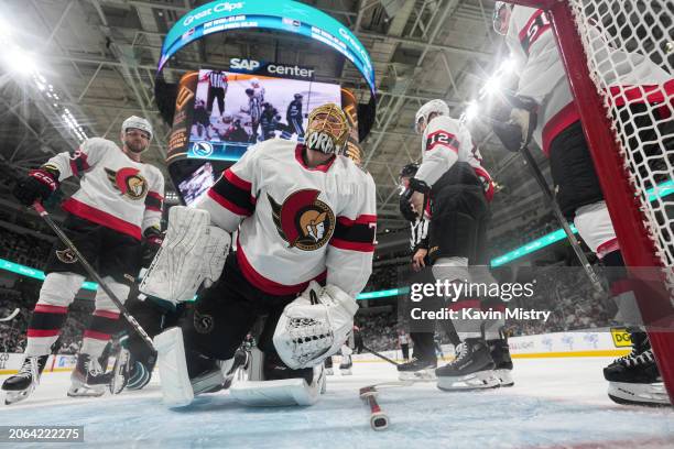 Joonas Korpisalo of the Ottawa Senators makes a save against the San Jose Sharks in the second period at SAP Center on March 9, 2024 in San Jose,...