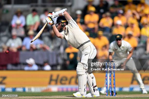 Matt Henry of New Zealand bats during day three of the Second Test in the series between New Zealand and Australia at Hagley Oval on March 10, 2024...