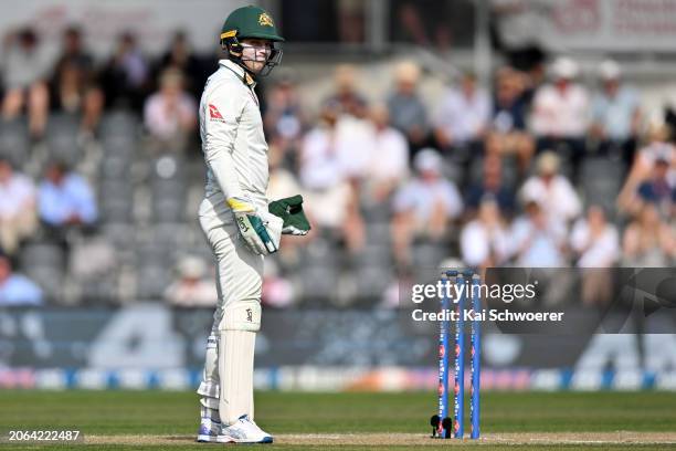 Alex Carey of Australia reacts during day three of the Second Test in the series between New Zealand and Australia at Hagley Oval on March 10, 2024...