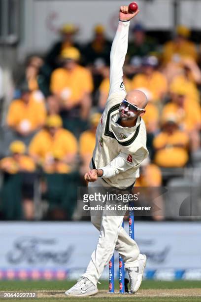 Nathan Lyon of Australia bowls during day three of the Second Test in the series between New Zealand and Australia at Hagley Oval on March 10, 2024...