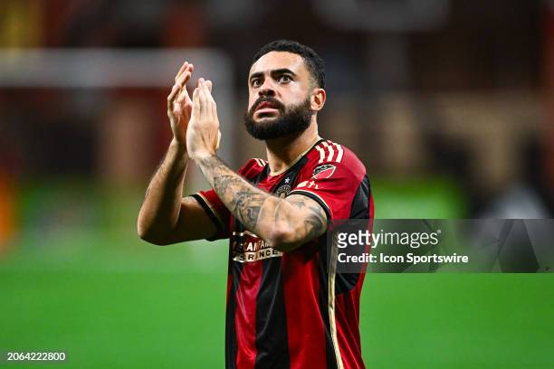 Atlanta defender Derrick Williams reacts during the MLS match between the New England Revolution and Atlanta United FC on March 9th, 2024 at...