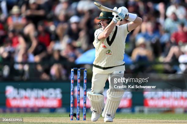 Steve Smith of Australia bats during day three of the Second Test in the series between New Zealand and Australia at Hagley Oval on March 10, 2024 in...