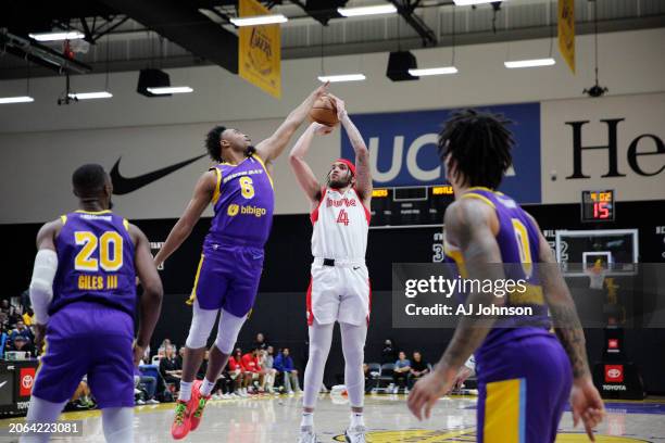 Timmy Allen of the Memphis Hustle attempts a shot during the game against the South Bay Lakers on March 9, 2024 at UCLA Health Training Center in El...