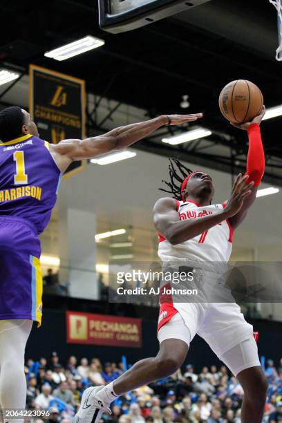 Kevion Nolan of the Memphis Hustle attempts a shot during the game against the South Bay Lakers on March 9, 2024 at UCLA Health Training Center in El...