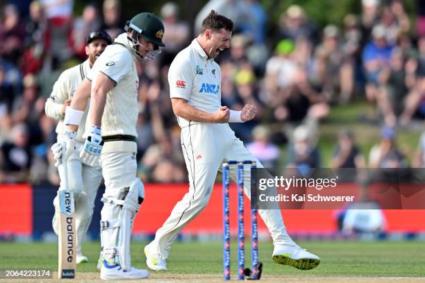 Matt Henry of New Zealand celebrates after dismissing Steve Smith of Australia during day three of the Second Test in the series between New Zealand...