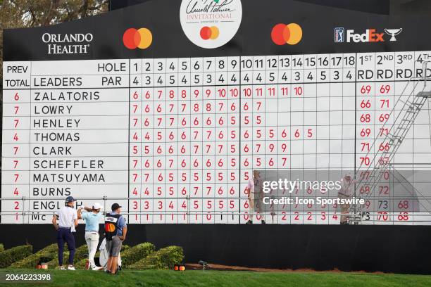 Golfer Stephan Jaeger tees off on the 16th hole with a large leaderboard in the background during the Arnold Palmer Invitational presented by...