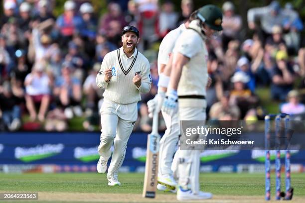 Kane Williamson of New Zealand reacts after Matt Henry of New Zealand dismisses Steve Smith of Australia during day three of the Second Test in the...