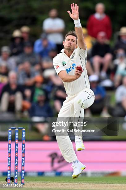 Tim Southee of New Zealand bowls during day three of the Second Test in the series between New Zealand and Australia at Hagley Oval on March 10, 2024...