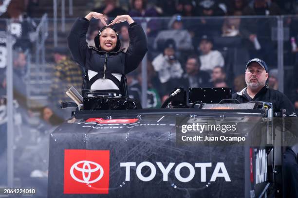 Alexa 'Nava Rose' Jade rides the Zamboni during the second period between the Dallas Stars and the Los Angeles Kings at Crypto.com Arena on March 9,...