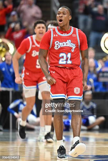 Bradley guard Duke Deen reacts after hitting a shot late in the game during a Missouri Valley Conference Tournament Arch Madness semifinal game...