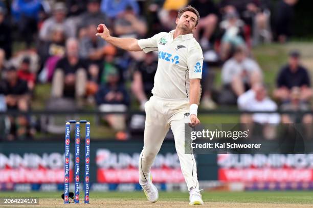 Tim Southee of New Zealand bowls during day three of the Second Test in the series between New Zealand and Australia at Hagley Oval on March 10, 2024...