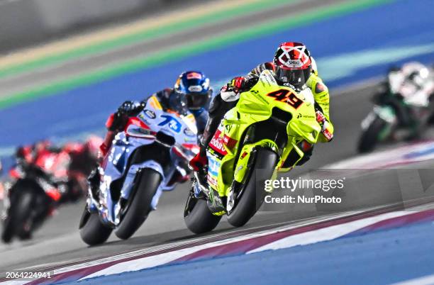 Italian MotoGP rider Fabio Di Giannantonio of the Pertamina Enduro VR46 Racing Team is leading during the Tissot sprint race of the Qatar Airways...