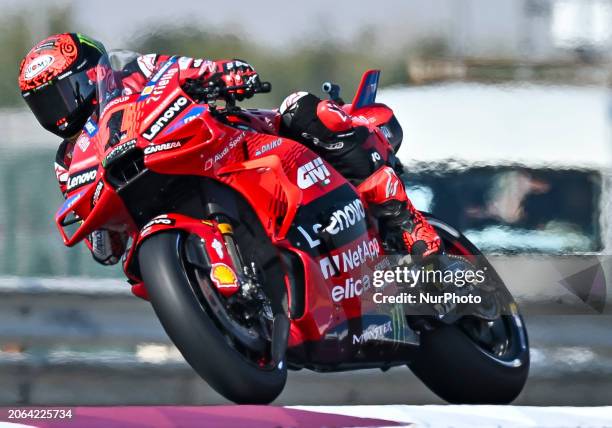 Italian MotoGP rider Francesco Bagnaia of the Ducati Lenovo Team is in action during the qualifying session of the Qatar Airways Motorcycle Grand...