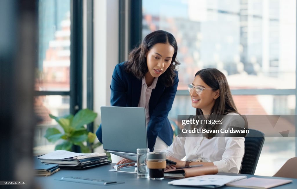 Business people, laptop or learning in training in discussion or conversation for news, education or advice. Teamwork, woman coaching or leader talking for online or new job in digital agency