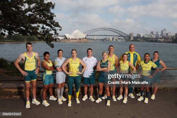 Athletes pose during the Australian 2024 Paris Olympic Games ASICS Uniform Launch at Yurong Point on March 07, 2024 in Sydney, Australia.