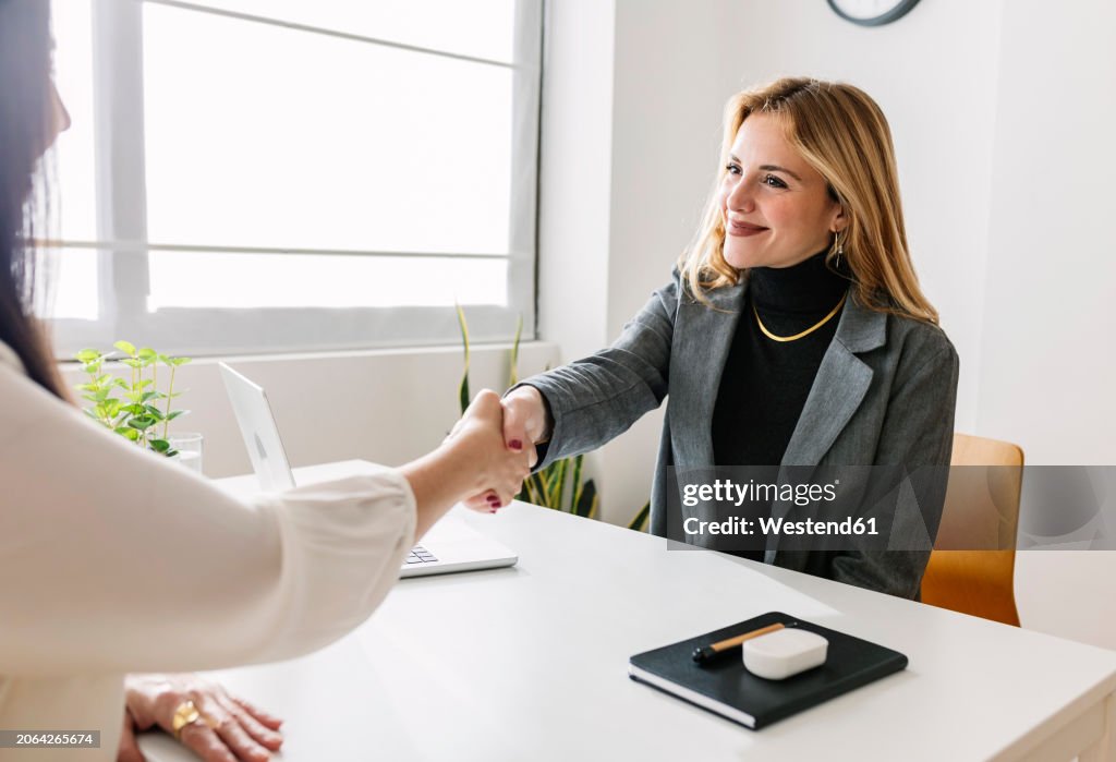 Smiling HR manager shaking hands with candidate at desk