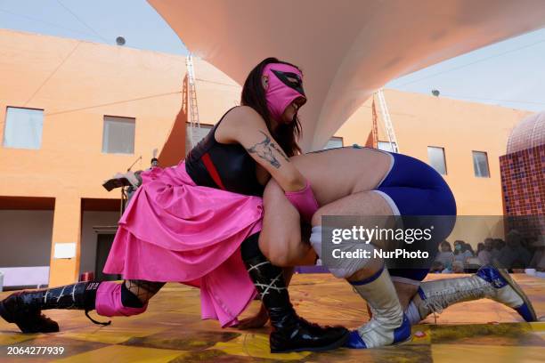 Lunadark Shaitan , a professional wrestler from the company Quinta Teatro y Al Rescate, is performing acrobatics with an actor during a play called...