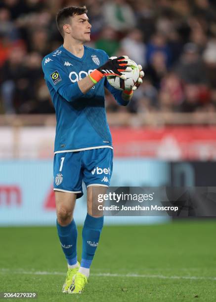 Radoslaw Majecki of AS Monaco during the Ligue 1 Uber Eats match between AS Monaco and Paris Saint-Germain at Stade Louis II on March 01, 2024 in...