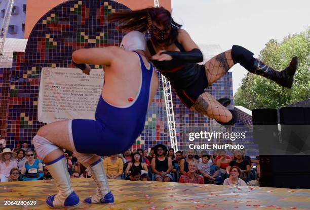 Professional wrestler Lunadark Shaitan, dressed in black, from the company Quinta Teatro y Al Rescate, is performing acrobatics with an actor during...