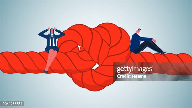 relationship difficulties, marital problems, communication problems, divorce, knots in the heart, the social phenomenon of high divorce rates, businessmen and businesswomen sitting painfully on knotted heart-shaped ropes - rope breaking stock illustrations