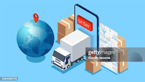 global logistics orders and services, global trade import and export transportation, freight orders and deliveries, isometric large trucks from inside smartphones - truck ball stock illustrations