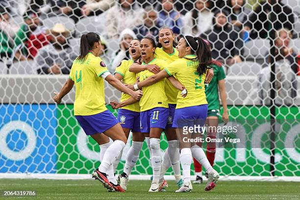 Adriana Leal Da Silva of Brazil celebrates with her teammates after scoring the opening goal during Semifinals - 2024 Concacaf W Gold Cup match...