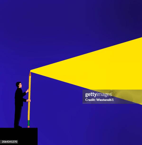 ilustraciones, imágenes clip art, dibujos animados e iconos de stock de man holding oversized pencil shining light against night sky - demasiado grande ilustraciones de stock