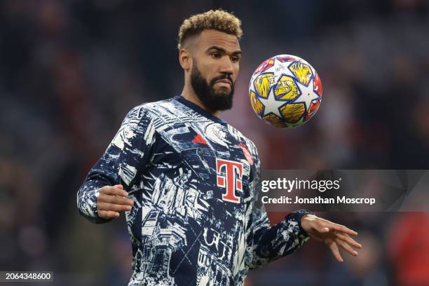 Eric-Maxim Choupo-Moting of Bayern Munchen juggles the ball during the warm up prior to the UEFA Champions League 2023/24 round of 16 second leg...