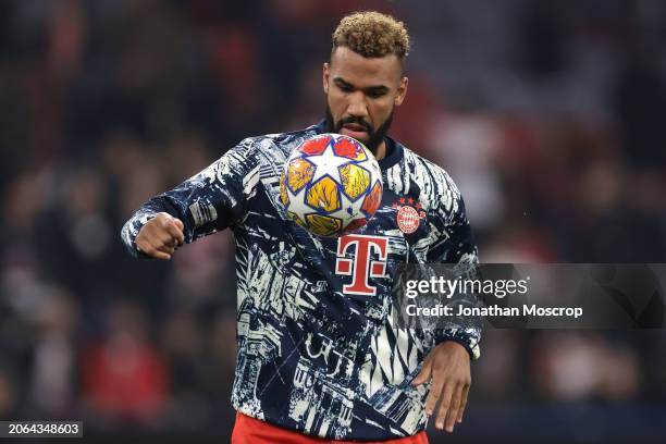 Eric-Maxim Choupo-Moting of Bayern Munchen juggles the ball during the warm up prior to the UEFA Champions League 2023/24 round of 16 second leg...