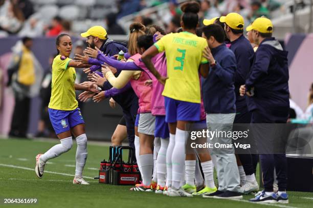 Adriana Leal Da Silva of Brazil celebrates with her teammates after scoring the opening goal during Semifinals - 2024 Concacaf W Gold Cup match...
