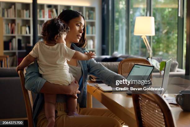 woman, baby and laptop in home for remote work with project research, corporate planning and reading information. entrepreneur, mother and child with technology at table in living room for online job - single mother stock pictures, royalty-free photos & images