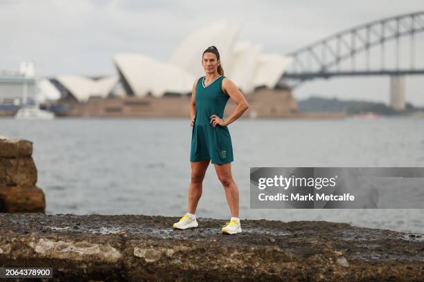 Charlotte Caslick poses during the Australian 2024 Paris Olympic Games ASICS Uniform Launch at Yurong Point on March 07, 2024 in Sydney, Australia.