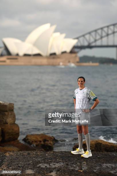 Lydia Williams poses during the Australian 2024 Paris Olympic Games ASICS Uniform Launch at Yurong Point on March 07, 2024 in Sydney, Australia.