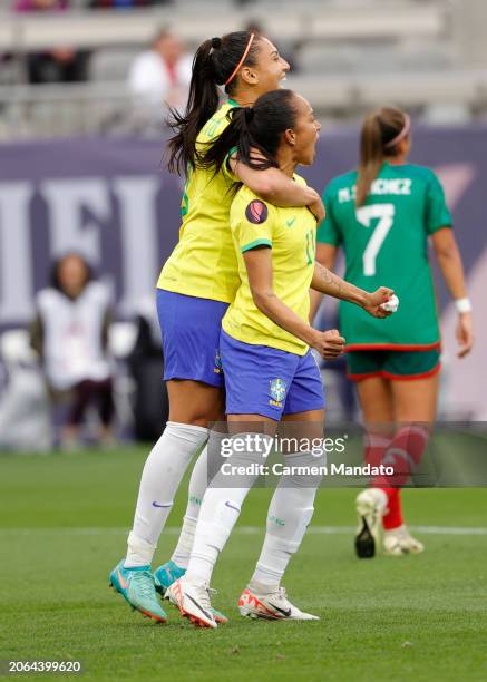 Adriana Leal Da Silva of Brazil scores against Mexico during the first half at Snapdragon Stadium on March 06, 2024 in San Diego, California.