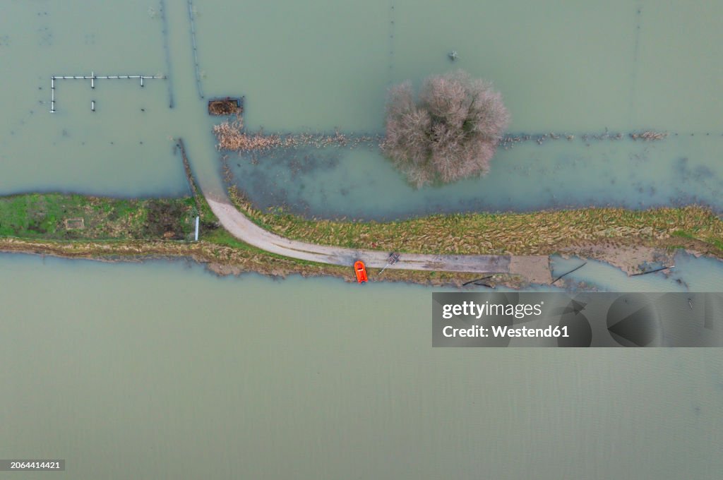 Netherlands, Aerial view of river Waal flooding surrounding land after prolonged rainfall