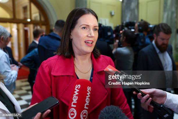 Party deputy leader Brooke van Velden stmduring question time at Parliament on March 07, 2024 in Wellington, New Zealand. Since being formed, the...