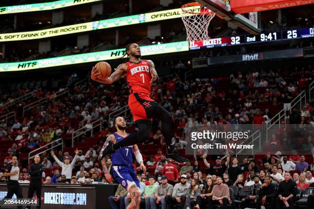 Cam Whitmore of the Houston Rockets goes up for a dunk in the first half against the Los Angeles Clippers at Toyota Center on March 06, 2024 in...