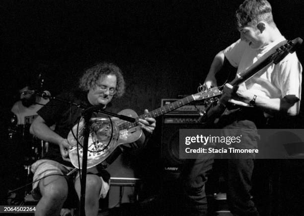 Eugene Chadbourne performing on stage with Victor Krummenacher of American rock band Camper Van Beethoven during the period of their collaboration on...