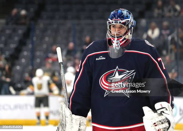 Jet Greaves of the Columbus Blue Jackets warms up prior to a game against the Vegas Golden Knights at Nationwide Arena on March 04, 2024 in Columbus,...