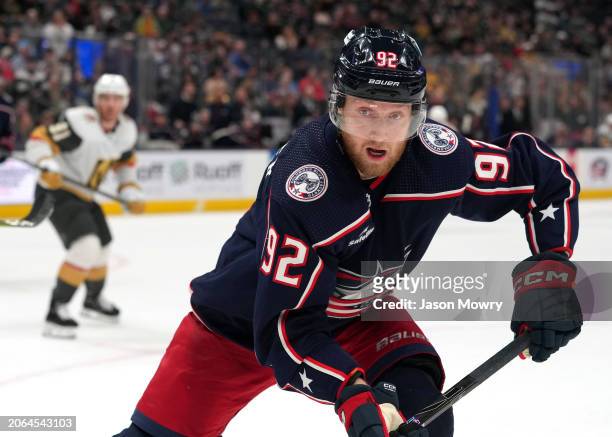 Alexander Nylander of the Columbus Blue Jackets skates during the third period against the Vegas Golden Knights at Nationwide Arena on March 04, 2024...