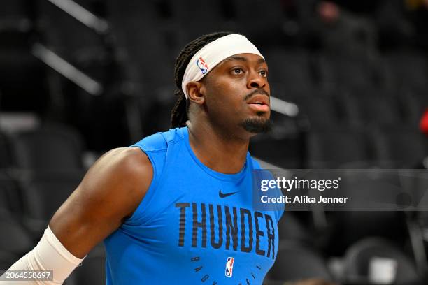 Luguentz Dort of the Oklahoma City Thunder warms up before the game against the Portland Trail Blazers at the Moda Center on March 06, 2024 in...