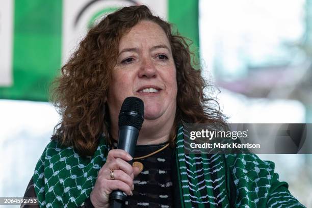 Fran Heathcote, General Secretary of the PCS trade union, addresses pro-Palestinian protesters at a Ceasefire Now national demonstration on 9th March...