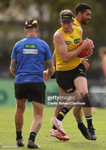 Dylan Grimes of the Tigers during a Richmond Tigers AFL Training Session & Media Opportunity at Punt Road Oval on March 07, 2024 in Melbourne,...