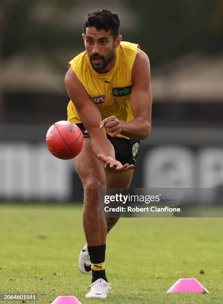 Marlion Pickett of the Tigers handballs during a Richmond Tigers AFL Training Session & Media Opportunity at Punt Road Oval on March 07, 2024 in...